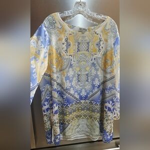 JM Collection Blouse QVC Split Sleeve Yellow Blue Bling Work Church 2XL